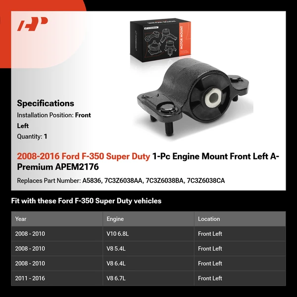2008-2016 Ford F-350 Super Duty 1-Pc Engine Mount Front Left A-Premium APEM2176