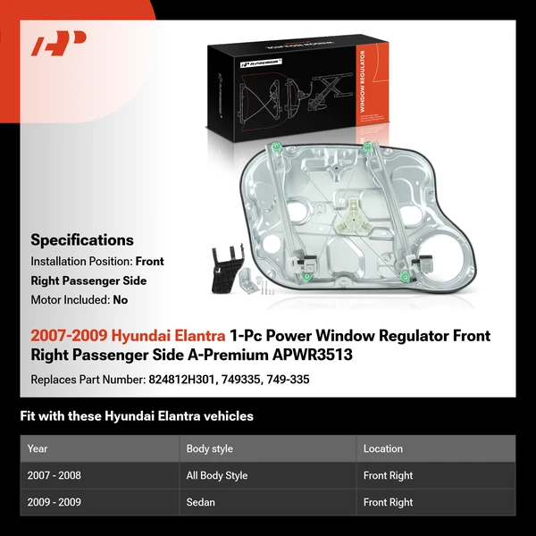 2007-2009 Hyundai Elantra 1-Pc Power Window Regulator Front Right Passenger Side A-Premium APWR3513
