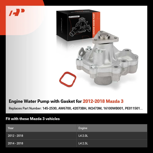 Engine Water Pump with Gasket for 2012-2018 Mazda 3