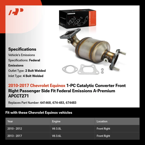 2010-2017 Chevrolet Equinox 1-PC Catalytic Converter Front Right Passenger Side Fit Federal Emissions A-Premium APCCT271