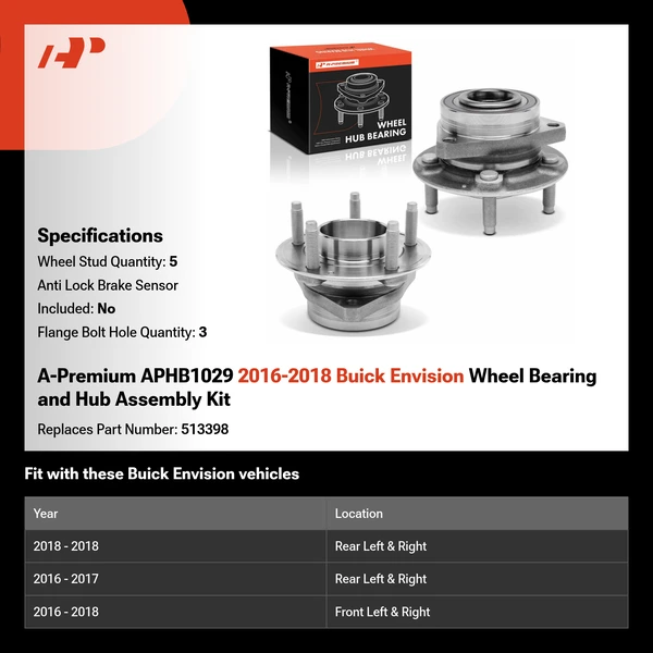 A-Premium APHB1029 2016-2018 Buick Envision Wheel Bearing and Hub Assembly Kit