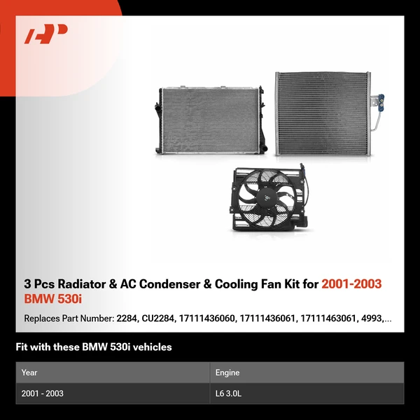 3 Pcs Radiator & AC Condenser & Cooling Fan Kit for 2001-2003 BMW 530i
