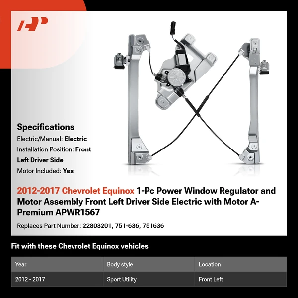 2012-2017 Chevrolet Equinox 1-Pc Power Window Regulator and Motor Assembly Front Left Driver Side Electric with Motor A-Premium APWR1567