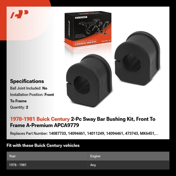 1978-1981 Buick Century 2-Pc Sway Bar Bushing Kit, Front To Frame A-Premium APCA9779
