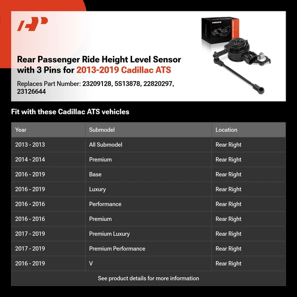 Rear Passenger Ride Height Level Sensor with 3 Pins for 2013-2019 Cadillac ATS