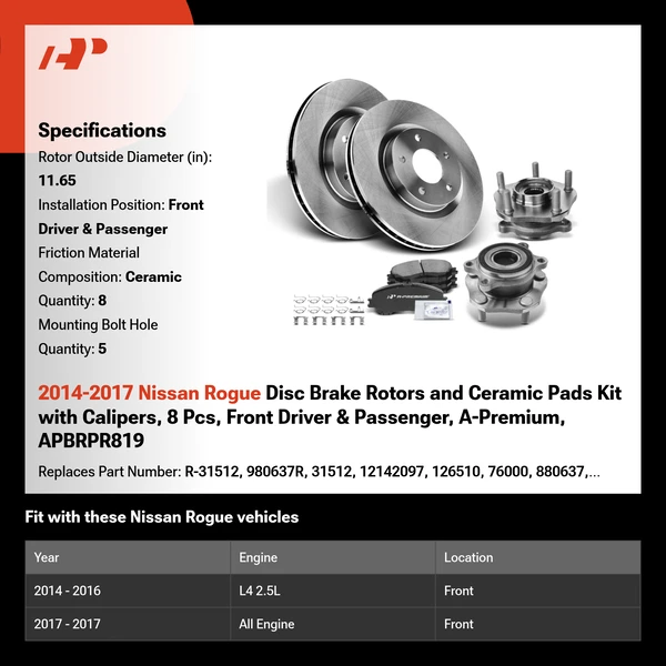 2014-2017 Nissan Rogue Disc Brake Rotors and Ceramic Pads Kit with Calipers, 8 Pcs, Front Driver & Passenger, A-Premium, APBRPR819