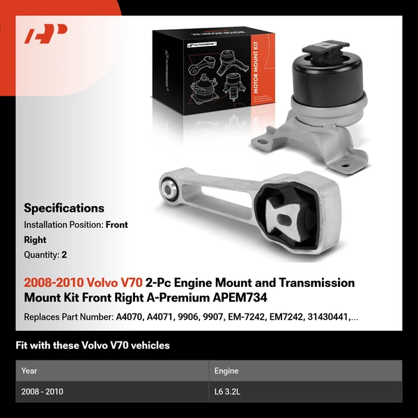 2008-2010 Volvo V70 2-Pc Engine Mount and Transmission Mount Kit Front Right A-Premium APEM734