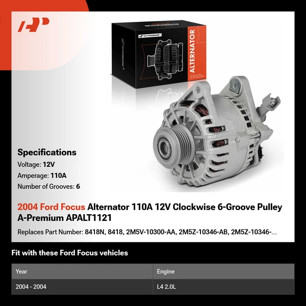 2004 Ford Focus Alternator 110A 12V Clockwise 6-Groove Pulley A-Premium APALT1121