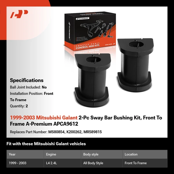 1999-2003 Mitsubishi Galant 2-Pc Sway Bar Bushing Kit, Front To Frame A-Premium APCA9612