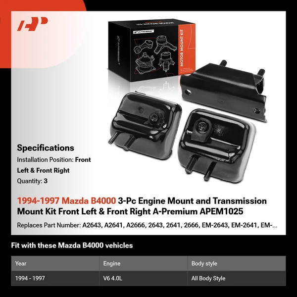 1994-1997 Mazda B4000 3-Pc Engine Mount and Transmission Mount Kit Front Left & Front Right A-Premium APEM1025