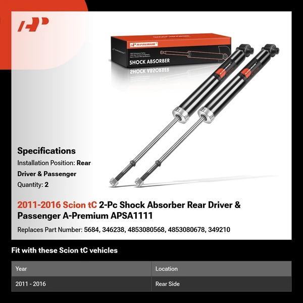 2011-2016 Scion tC 2-Pc Shock Absorber Rear Driver & Passenger A-Premium APSA1111