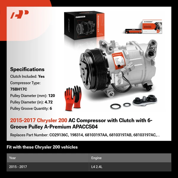 2015-2017 Chrysler 200 AC Compressor with Clutch with 6-Groove Pulley A-Premium APACC504