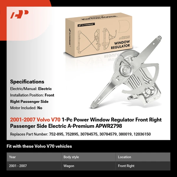 2001-2007 Volvo V70 1-Pc Power Window Regulator Front Right Passenger Side Electric A-Premium APWR2798