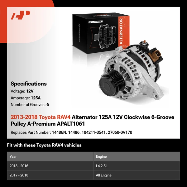 2013-2018 Toyota RAV4 Alternator 125A 12V Clockwise 6-Groove Pulley A-Premium APALT1061