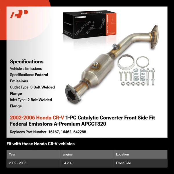2002-2006 Honda CR-V 1-PC Catalytic Converter Front Side Fit Federal Emissions A-Premium APCCT320