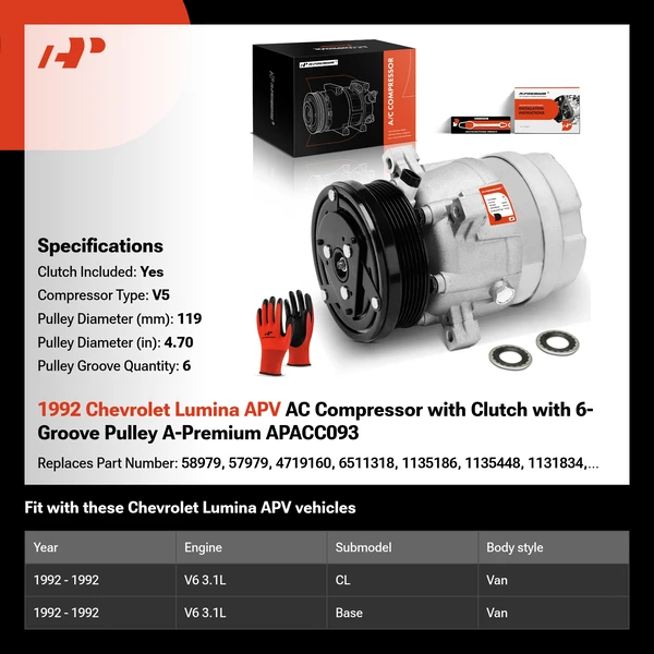 1992 Chevrolet Lumina APV AC Compressor with Clutch with 6-Groove Pulley A-Premium APACC093