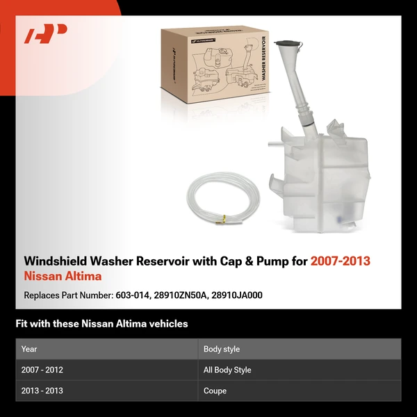Windshield Washer Reservoir with Cap & Pump for 2007-2013 Nissan Altima
