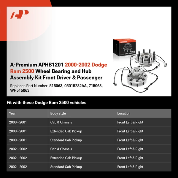 A-Premium APHB1201 2000-2002 Dodge Ram 2500 Wheel Bearing and Hub Assembly Kit Front Driver & Passenger