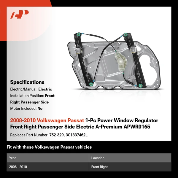 2008-2010 Volkswagen Passat 1-Pc Power Window Regulator Front Right Passenger Side Electric A-Premium APWR0165