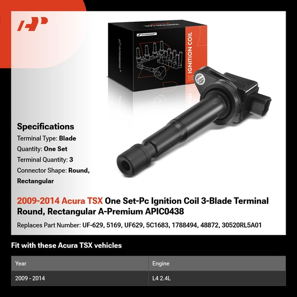2009-2014 Acura TSX One Set-Pc Ignition Coil 3-Blade Terminal Round, Rectangular A-Premium APIC0438