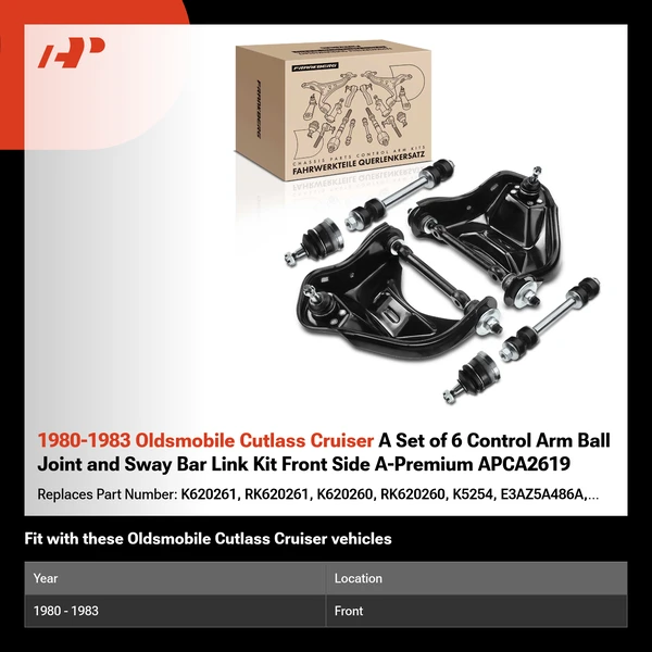 1980-1983 Oldsmobile Cutlass Cruiser A Set of 6 Control Arm Ball Joint and Sway Bar Link Kit Front Side A-Premium APCA2619