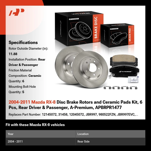 2004-2011 Mazda RX-8 Disc Brake Rotors and Ceramic Pads Kit, 6 Pcs, Rear Driver & Passenger, A-Premium, APBRPR1477
