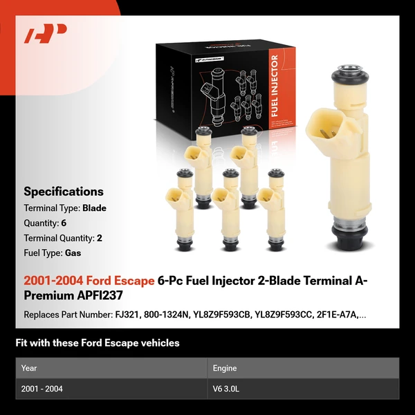 2001-2004 Ford Escape 6-Pc Fuel Injector 2-Blade Terminal A-Premium APFI237