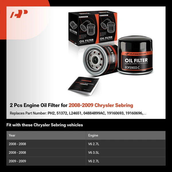 2 Pcs Engine Oil Filter for 2008-2009 Chrysler Sebring