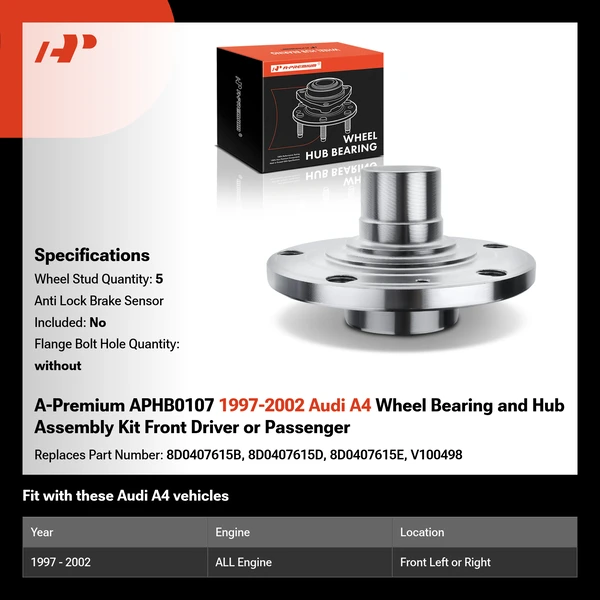 A-Premium APHB0107 1997-2002 Audi A4 Wheel Bearing and Hub Assembly Kit Front Driver or Passenger