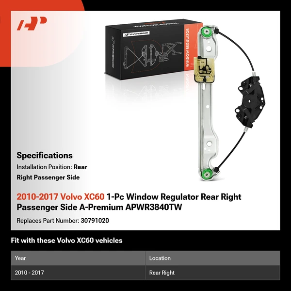 2010-2017 Volvo XC60 1-Pc Window Regulator Rear Right Passenger Side A-Premium APWR3840TW