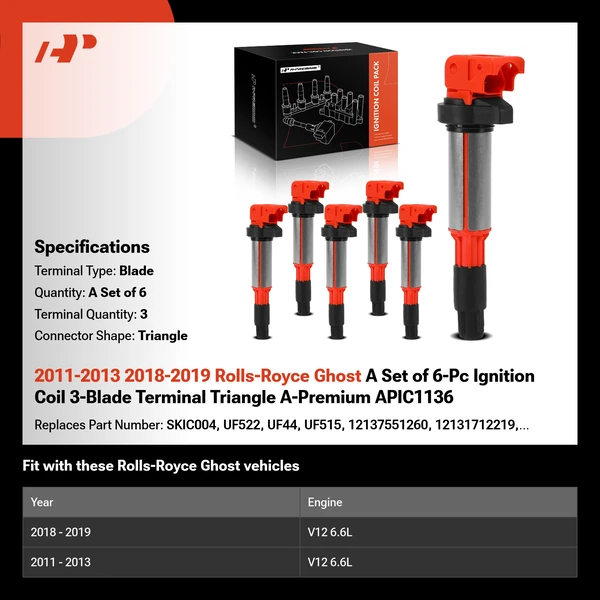 2011-2013 2018-2019 Rolls-Royce Ghost A Set of 6-Pc Ignition Coil 3-Blade Terminal Triangle A-Premium APIC1136