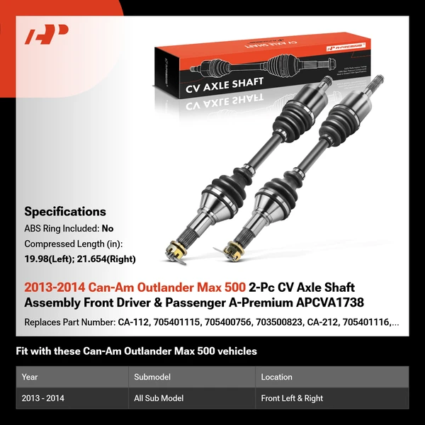 2013-2014 Can-Am Outlander Max 500 2-Pc CV Axle Shaft Assembly Front Driver & Passenger A-Premium APCVA1738