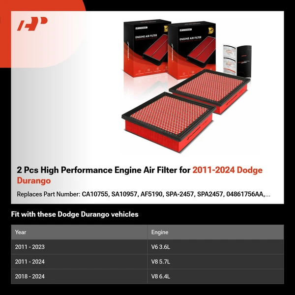 2 Pcs High Performance Engine Air Filter for 2011-2024 Dodge Durango
