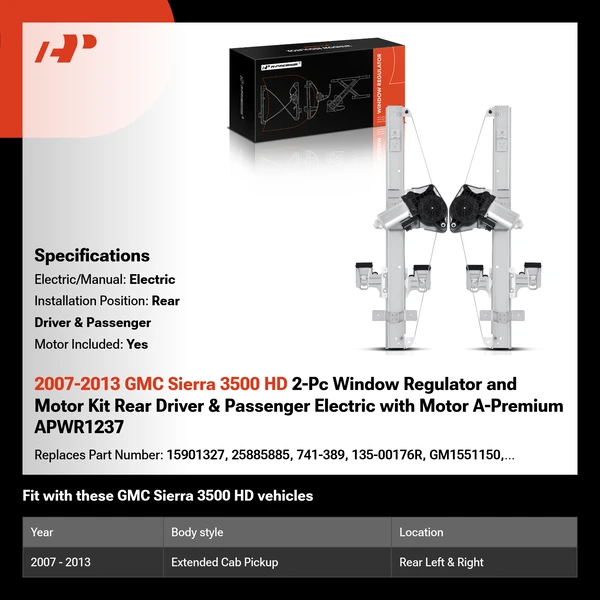2007-2013 GMC Sierra 3500 HD 2-Pc Window Regulator and Motor Kit Rear Driver & Passenger Electric with Motor A-Premium APWR1237