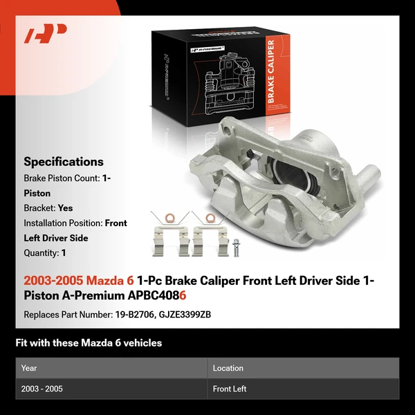 2003-2005 Mazda 6 1-Pc Brake Caliper Front Left Driver Side 1-Piston A-Premium APBC4086