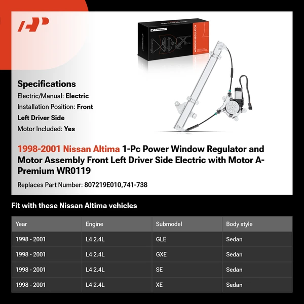 1998-2001 Nissan Altima 1-Pc Power Window Regulator and Motor Assembly Front Left Driver Side Electric with Motor A-Premium WR0119