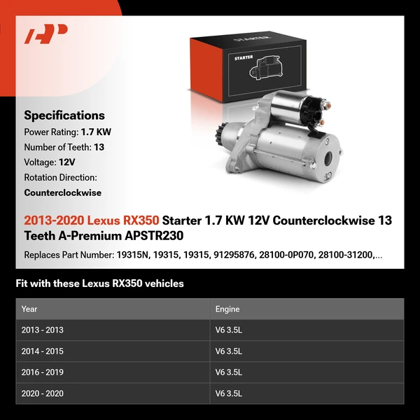 2013-2020 Lexus RX350 Starter 1.7 KW 12V Counterclockwise 13 Teeth A-Premium APSTR230
