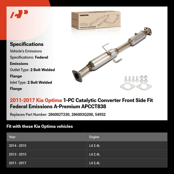 2011-2017 Kia Optima 1-PC Catalytic Converter Front Side Fit Federal Emissions A-Premium APCCT838