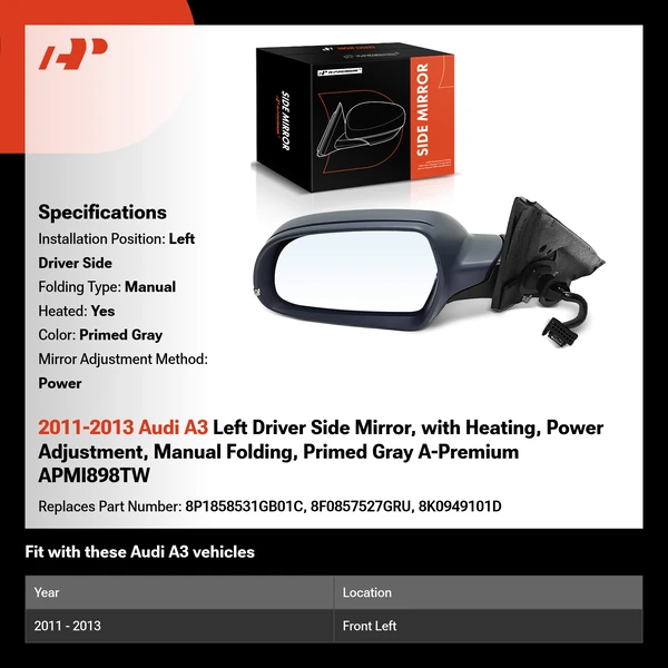 2011-2013 Audi A3 Left Driver Side Mirror, with Heating, Power Adjustment, Manual Folding, Primed Gray A-Premium APMI898TW