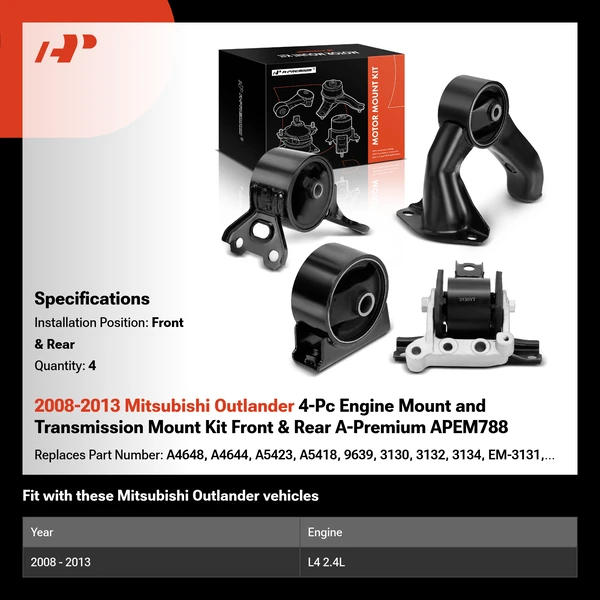 2008-2013 Mitsubishi Outlander 4-Pc Engine Mount and Transmission Mount Kit Front & Rear A-Premium APEM788