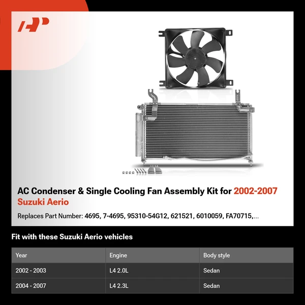 AC Condenser & Single Cooling Fan Assembly Kit for 2002-2007 Suzuki Aerio