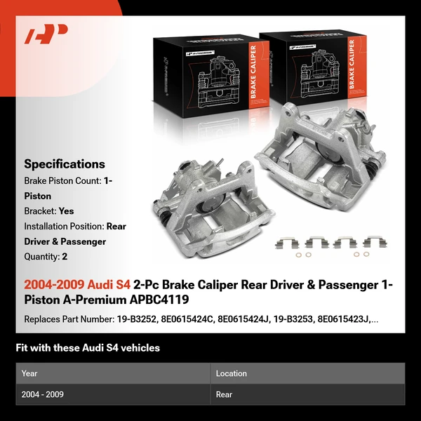 2004-2009 Audi S4 2-Pc Brake Caliper Rear Driver & Passenger 1-Piston A-Premium APBC4119