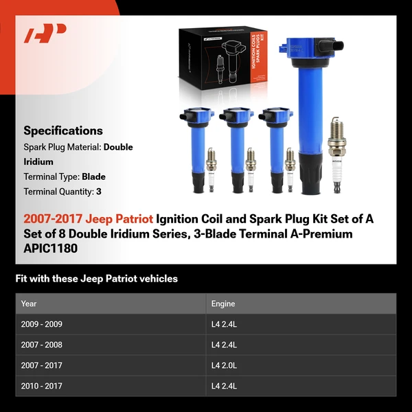2007-2017 Jeep Patriot Ignition Coil and Spark Plug Kit Set of A Set of 8 Double Iridium Series, 3-Blade Terminal A-Premium APIC1180