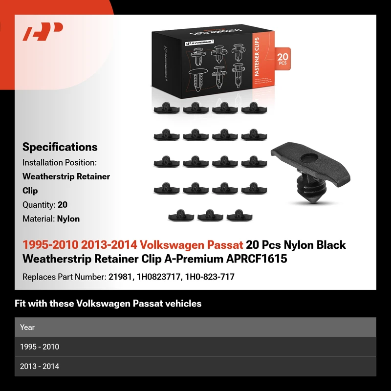 1995-2010 2013-2014 Volkswagen Passat 20 Pcs Nylon Black Weatherstrip Retainer Clip A-Premium APRCF1615