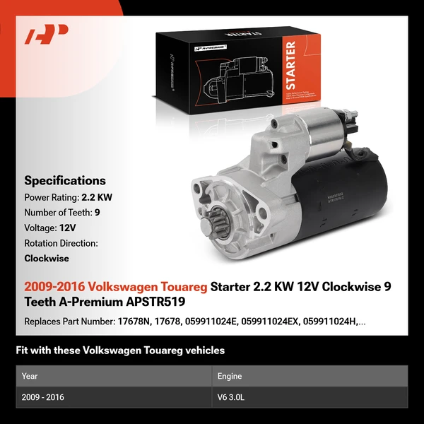 2009-2016 Volkswagen Touareg Starter 2.2 KW 12V Clockwise 9 Teeth A-Premium APSTR519