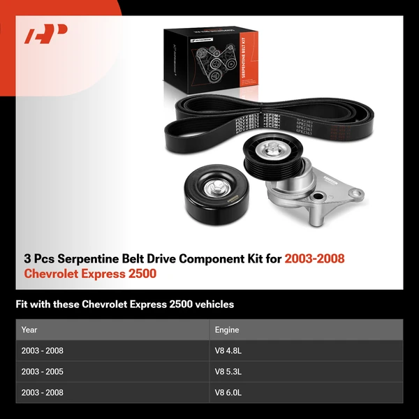 3 Pcs Serpentine Belt Drive Component Kit for 2003-2008 Chevrolet Express 2500