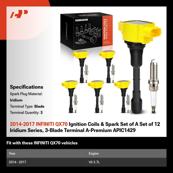 2014-2017 INFINITI QX70 Ignition Coils & Spark Set of A Set of 12 Iridium Series, 3-Blade Terminal A-Premium APIC1429