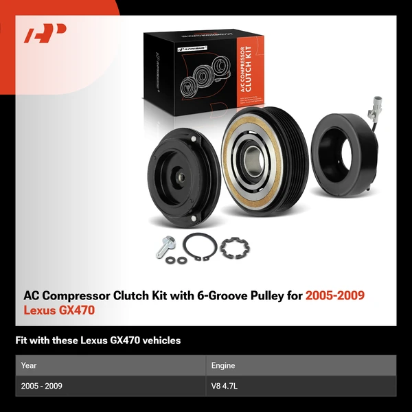 AC Compressor Clutch Kit with 6-Groove Pulley for 2005-2009 Lexus GX470