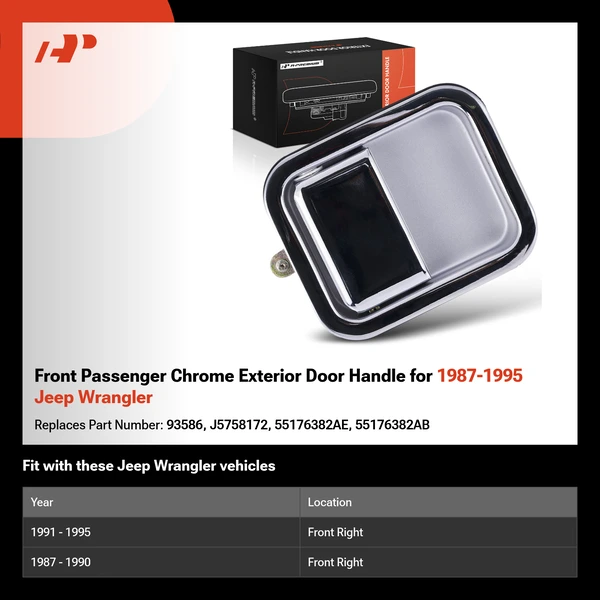 Front Passenger Chrome Exterior Door Handle for 1987-1995 Jeep Wrangler