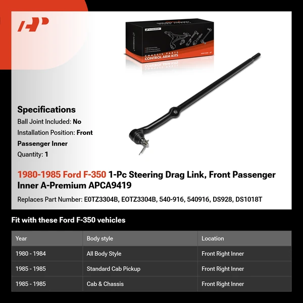 1980-1985 Ford F-350 1-Pc Steering Drag Link, Front Passenger Inner A-Premium APCA9419